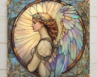 Guardian Angel Wall Art Ceramic Tile Stained Glass Style Memorial Sympathy Religious Spiritual Gift Decor