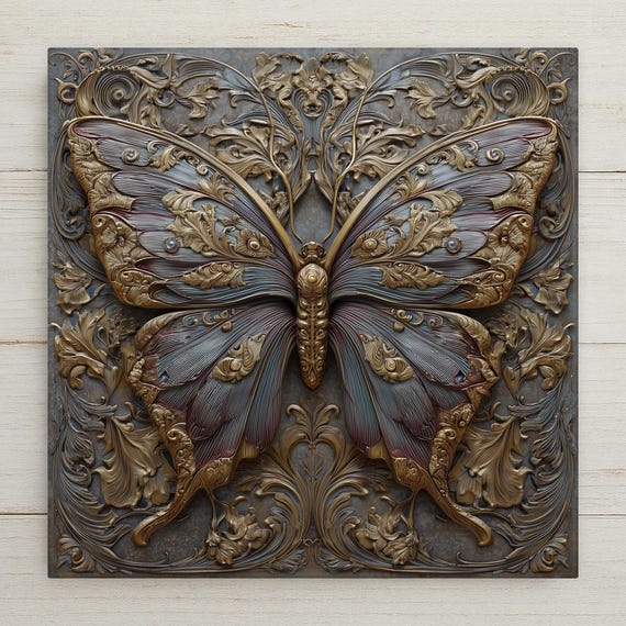 Art Nouveau Butterfly Ceramic Tile Wall Art – Stained Glass Style Botanical Butterfly Decor, Nature Inspired Home Accent Tile