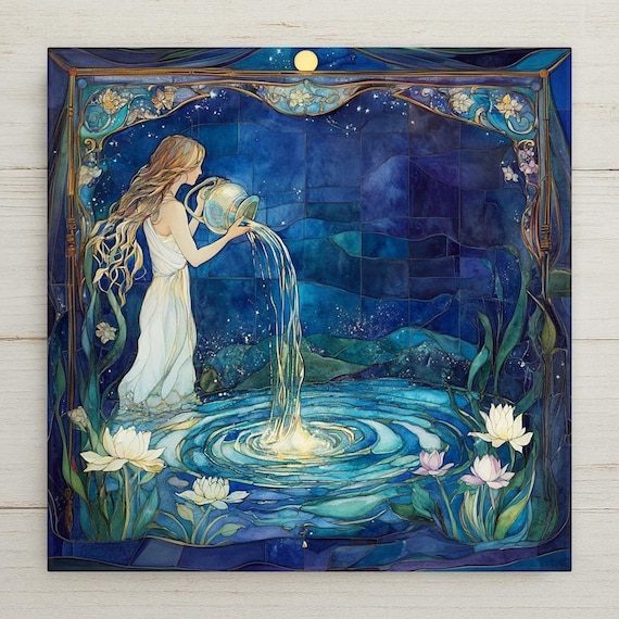 Art Nouveau Aquarius Zodiac Ceramic Tile - Astrology Wall Decor, Water Bearer Celestial Gift