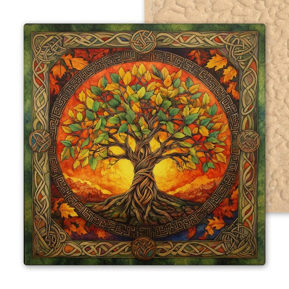 Celtic Tree of Life Burning Bush Ceramic Tile Wall Art | Spiritual Pagan Decor | Irish Knotwork Autumn Leaves Home Gift Trivet Coaster