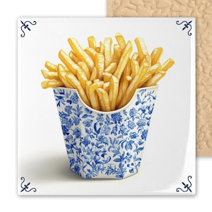 Blue Delft Tile Art: French Fries in Floral Container - Quirky Kitchen Decor