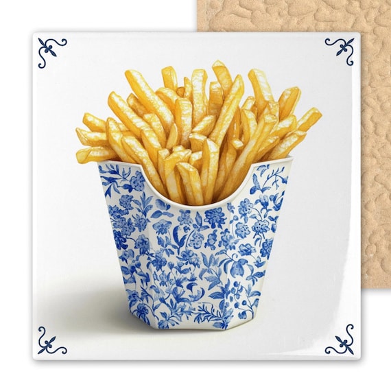 Whimsical Blue Delft Tile Art – French Fries in Floral Container – Funny Kitchen Wall Décor – Dutch Ceramic Style Foodie Gift Tile