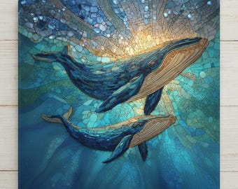 May include: A square wall art piece featuring a mosaic-style illustration of two whales swimming in deep blue water. The design uses shades of navy, teal, and light blue with golden highlights radiating from the top, creating a textured, stained-glass effect.
