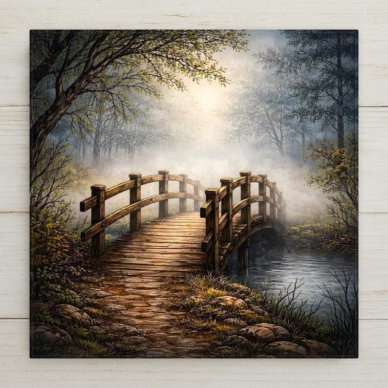 A peaceful stained glass–style wall art ceramic tile featuring a wooden footbridge leading through fog in a quiet woodland setting. This nature-inspired home decor piece symbolizes calm, reflection, and gentle transition. The artwork is a permanent print on ceramic tile, not real stained glass. Optional tile wall hanger, easel tile stand, cork backing, and premium frame options are available.