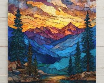Arte mural de azulejos de cerámica de las Montañas Rocosas: paisaje montañoso estilo vitral, decoración del hogar con bosque alpino, azulejos artísticos inspirados en la naturaleza