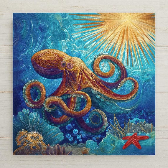 Octopus Ceramic Tile Wall Art – Stained Glass Style Ocean Wall Decor, Nautical Home Decor, Coastal Sea Life Art Tile