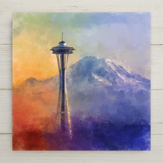 Space Needle Ceramic Tile: Seattle Skyline & Mount Rainier Stained Glass Art for Home Decor