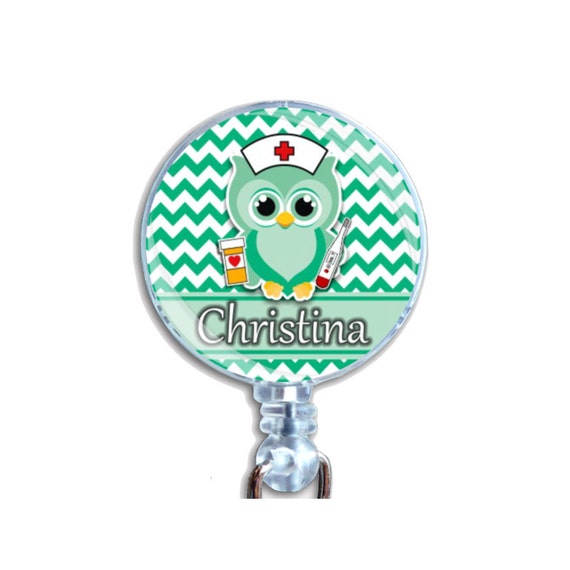 Personalized Custom Badge Reel ID Retractable Card Holder Nurse Owl Green Chevrons Just Add Your Name