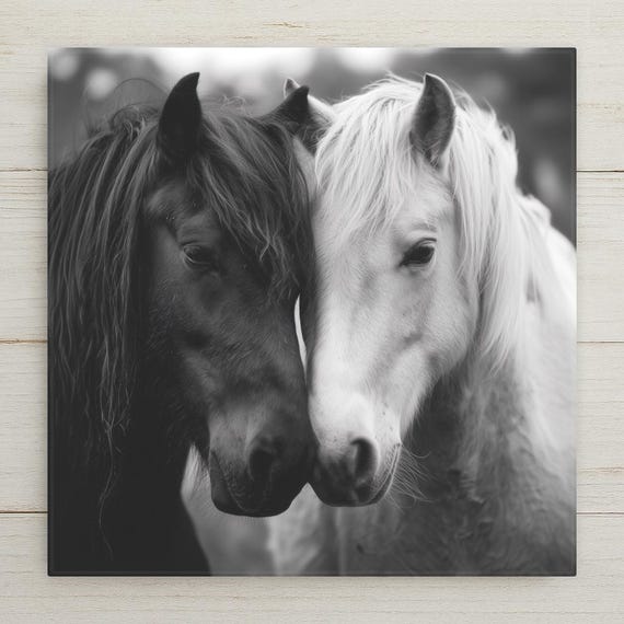 Black White Horses Ceramic Tile Wall Art - Equestrian Rustic Farmhouse Home Decor Western Gift