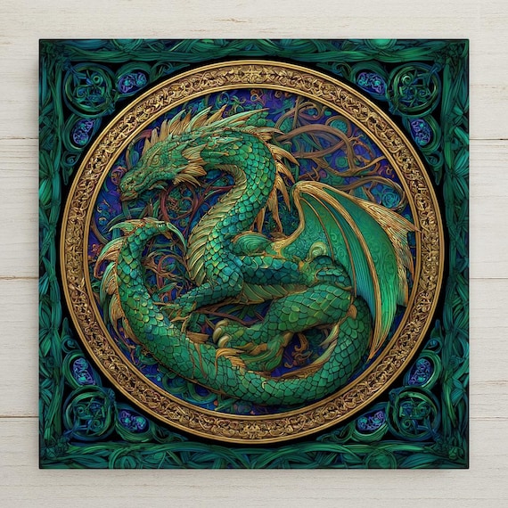 Celtic Dragon Ceramic Tile Wall Art – Stained Glass Fantasy Decor, Intricate Knotwork Design, Mythical Home Decor Gift