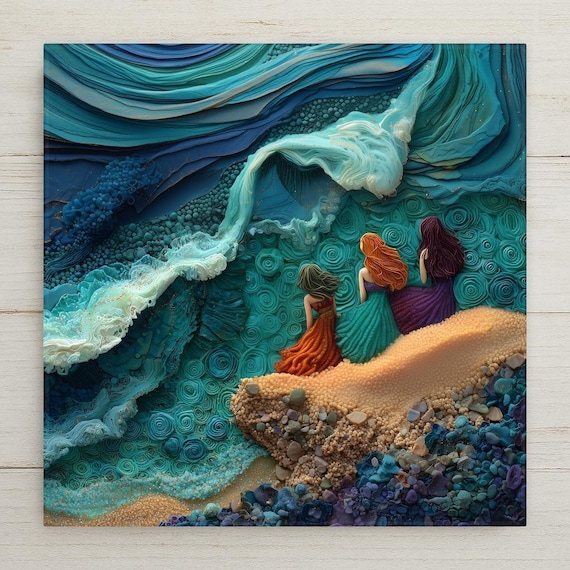 Mermaid Sisters Ceramic Tile Wall Art - Ocean Fantasy Stained Glass Style Coastal Beach Decor Nautical Sea Gift