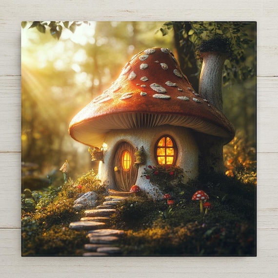 Ceramic Mushroom House Tile: Whimsical Fairy Cottagecore Art