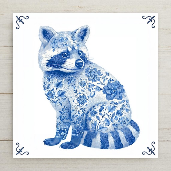 Delft Blue Raccoon Ceramic Tile: Dutch Floral Wall Art for Cottage, Farmhouse & Woodland Decor