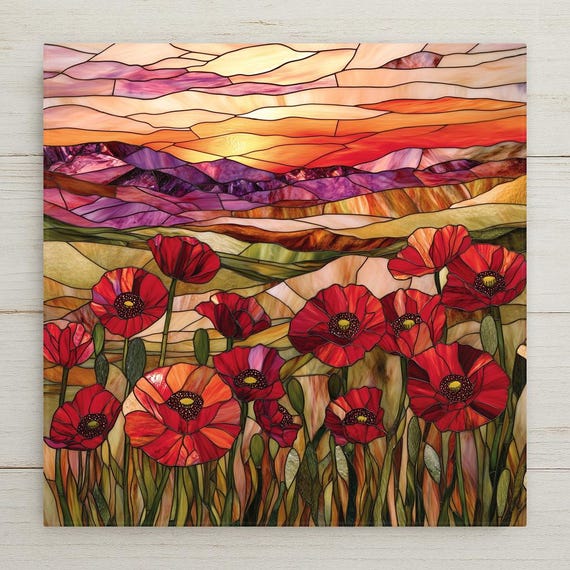 Vibrant Red Poppy Sunset Ceramic Tile - Stained Glass Landscape Wall Art for Nature Lovers