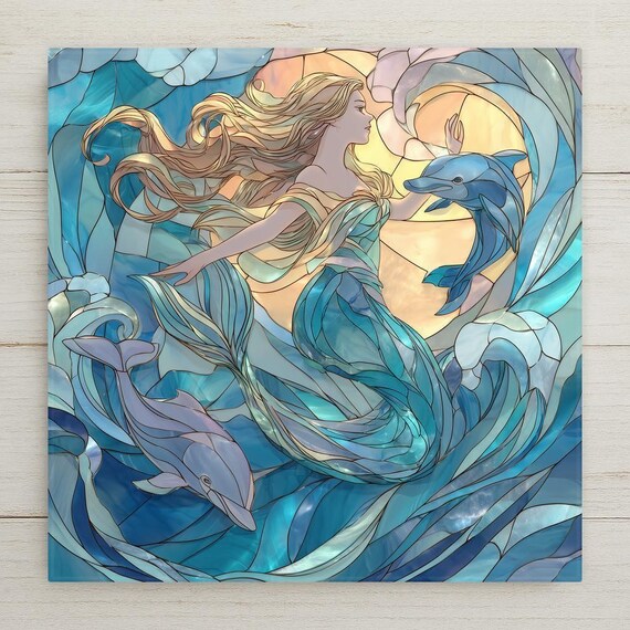 Ocean Goddess Ceramic Tile Wall Art – Mermaid Sea Goddess with Dolphins, Stained Glass Style Coastal Wall Decor