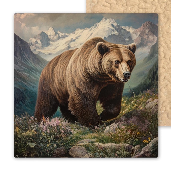 Grizzly Bear Ceramic Tile Art: Audubon-Inspired Wildlife Decor for Cabins, Lodges & Nature Enthusiasts