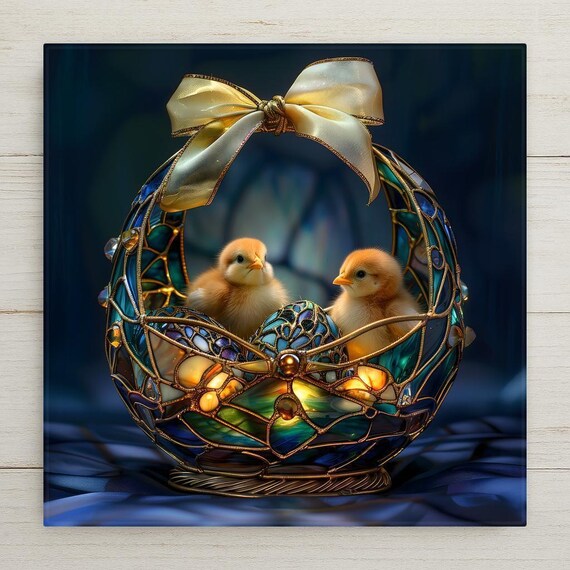 Stained Glass Easter Chick Basket Wall Art Ceramic Tile – Luxury Jewel Tone Spring Decor, Christian Easter Home Accent