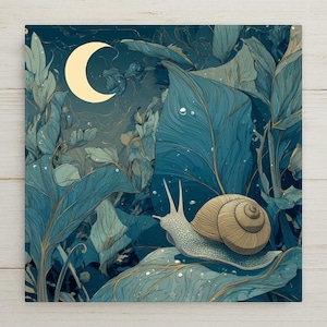 A whimsical ceramic tile wall art design featuring a gentle snail resting on a leaf beneath a glowing crescent moon, surrounded by flowing teal and blue foliage in a dreamy nighttime garden scene. The artwork has a hand-illustrated watercolor and ink style with soft botanical details, printed permanently on ceramic for lasting color and clarity.