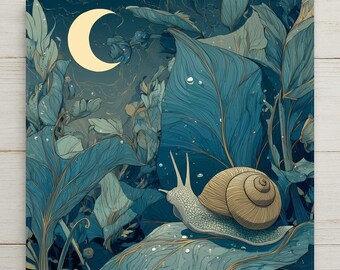 Moonlit Snail Ceramic Art Tile – Whimsical Night Garden Wall Decor, Cottagecore Nature Lover Gift