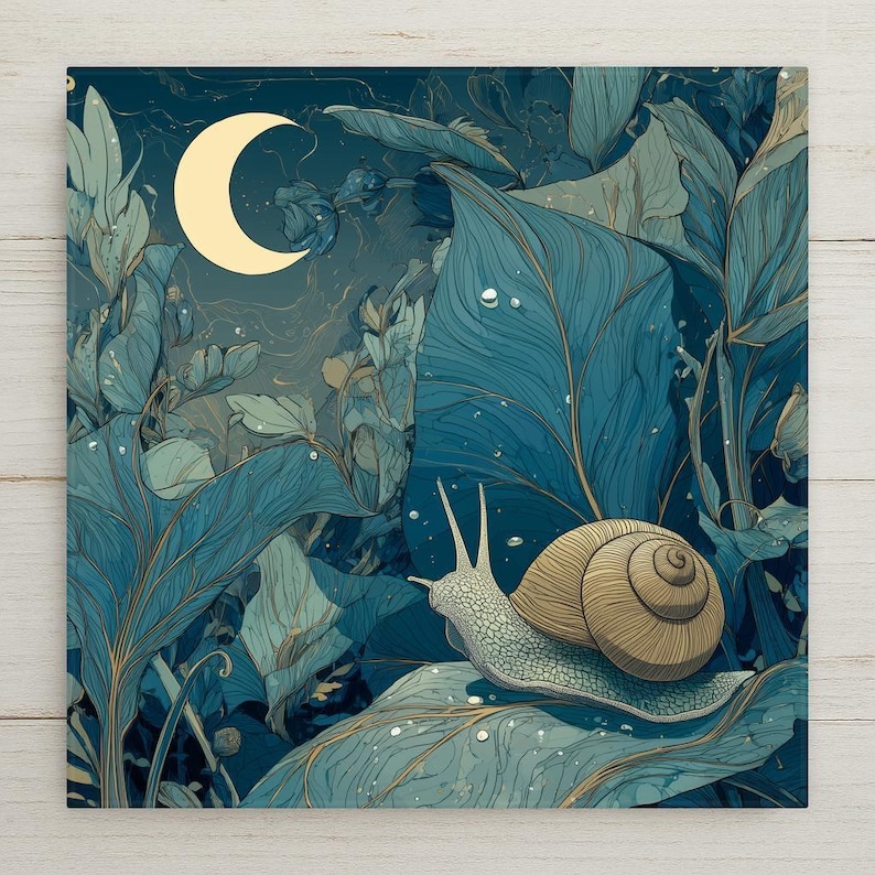 A whimsical ceramic tile wall art design featuring a gentle snail resting on a leaf beneath a glowing crescent moon, surrounded by flowing teal and blue foliage in a dreamy nighttime garden scene. The artwork has a hand-illustrated watercolor and ink style with soft botanical details, printed permanently on ceramic for lasting color and clarity.