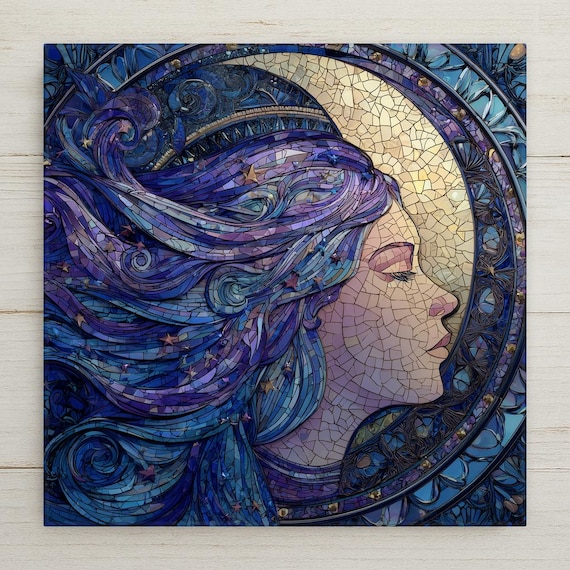 Moon Goddess Ceramic Tile Wall Art – Stained Glass Style Celestial Home Decor, Cosmic Art Nouveau Wall Decor Gift for Moon Lovers
