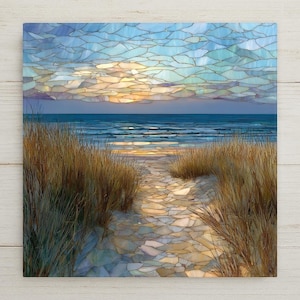 Cape Cod Beach Path Ceramic Tile Wall Art – Coastal Stained Glass Style Ocean Sunset, Beach Decor Home Decor Gift