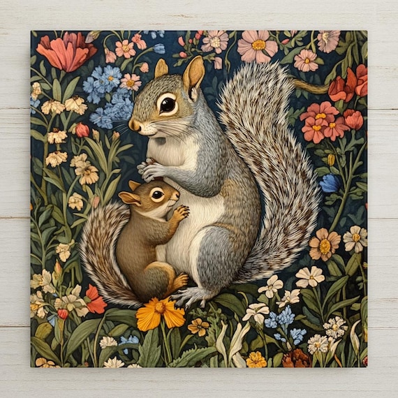 Art Nouveau Squirrel Ceramic Tile: William Morris Inspired Decor