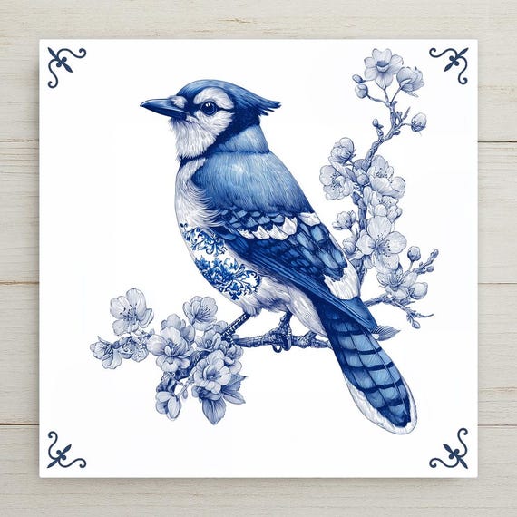 Delft-Inspired Bluejay Ceramic Tile Home Decor: Dutch Blue & White Bird Wall Art with Cherry Blossoms