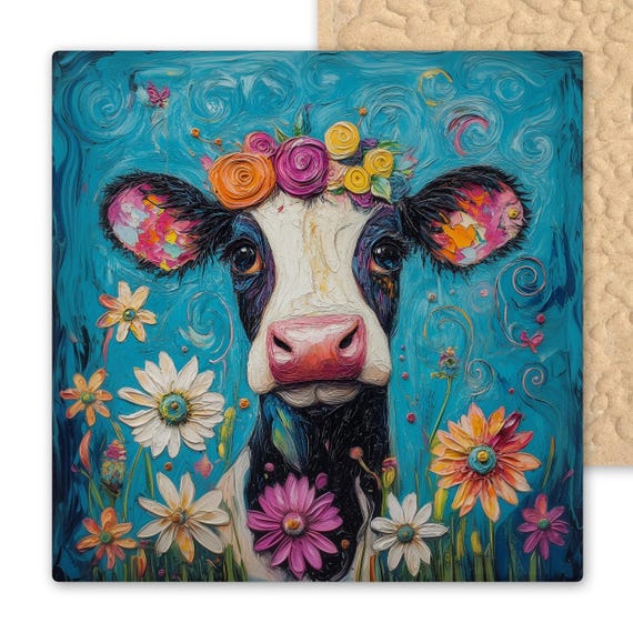 Whimsical Floral Cow Ceramic Tile Art - Colorful Farm Animal Wall Decor for Kitchen, Nursery, Cottagecore