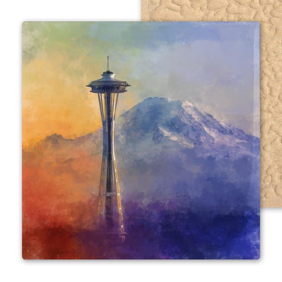 Space Needle Wall Art Ceramic Tile with Mount Rainier Stained Glass Style Seattle Skyline Décor Gift for Home or Office