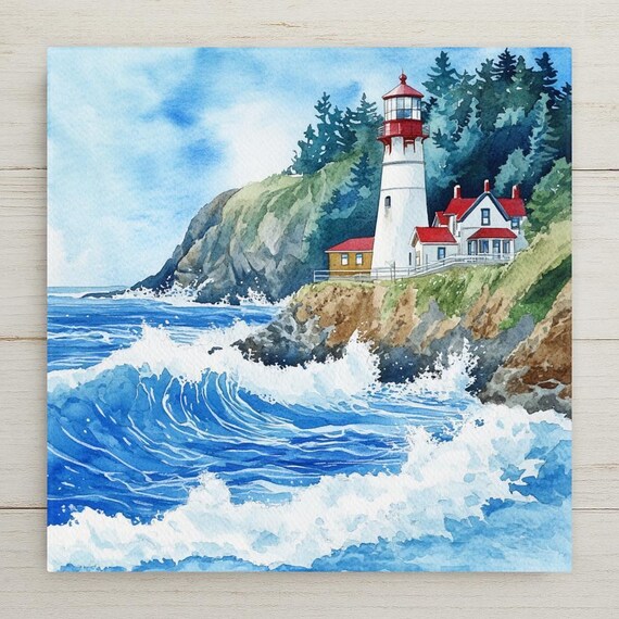 Heceta Head Lighthouse Wall Art Ceramic Tile: Coastal Beach House Decor