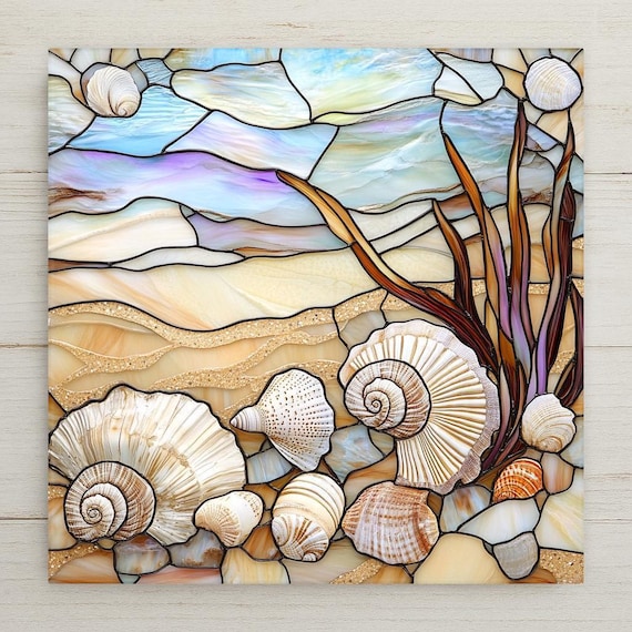 Seashell Ceramic Tile: Stained Glass-Style Coastal Wall Art