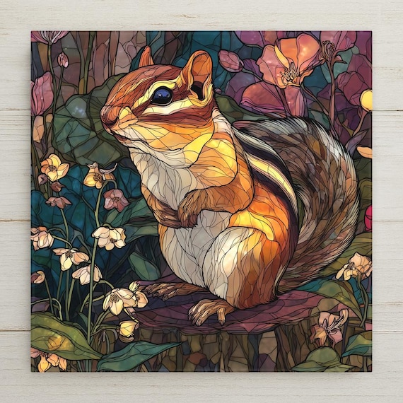 Chipmunk Ceramic Tile Wall Art - Stained Glass Woodland Animal Nature Forest Wildlife Home Decor Gift