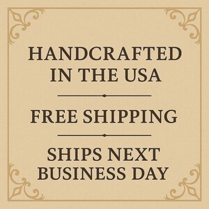 The image is a sign advertising a product, specifically a handmade item, that is free shipping and will be available for business the next day.