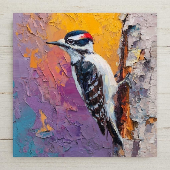 Downy Woodpecker Ceramic Tile Art: Palette Knife Style Bird Decor