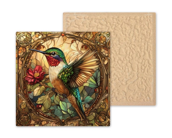 Art Nouveau Hummingbird Tile: Mucha-Inspired Stained Glass Floral Trivet Wall Decor