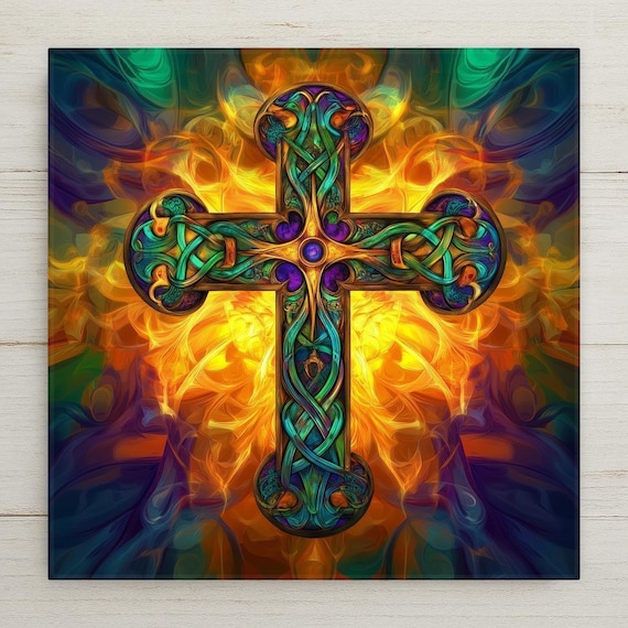 Luminous Celtic Cross Ceramic Tile: Irish Knotwork Wall Art, Christian Decor, Trivet Gift