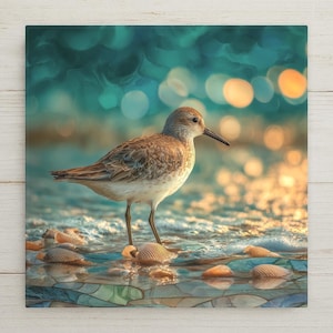 Sandpiper Ceramic Tile Wall Art - Coastal Stained Glass Beach Decor, Ocean Shore Bird Nautical Bathroom Home