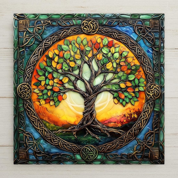 Celtic Tree of Life Ceramic Tile: Autumn Leaves Knotwork Art