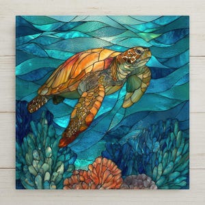 May include: A stained glass art piece depicting a sea turtle swimming through blue ocean waves. The turtle has an orange and brown shell and flippers. Below the turtle are textured blue and orange coral formations in a mosaic style.