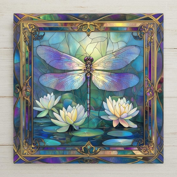 Art Nouveau Iridescent Dragonfly Ceramic Tile: Stained Glass Inspired Wall Decor for Nature Lovers