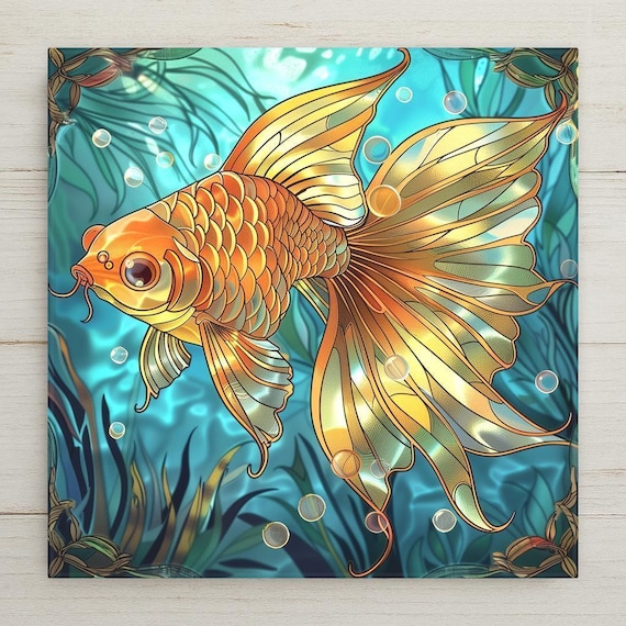 Handcrafted Goldfish Ceramic Tile Wall Art: Boho Aquatic Bathroom Decor, Tropical Nature-Inspired Accent