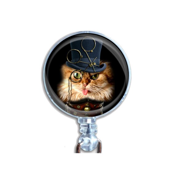 Steampunk Cat Badge Reel - Retractable ID Holder with Top Hat Monocle and Tongue Out, Funny Nurse Badge, Lanyard Clip for Cat Lovers