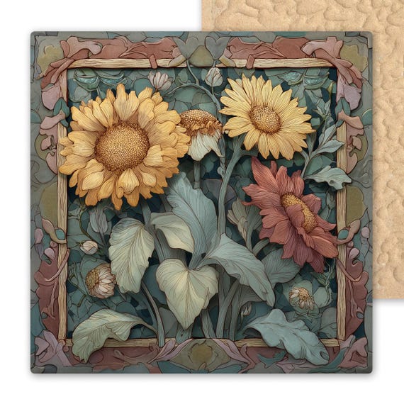 Handcrafted Sunflower Ceramic Tile: Rustic Botanical Wall Art for Garden, Porch, Kitchen, Cottage & Farmhouse