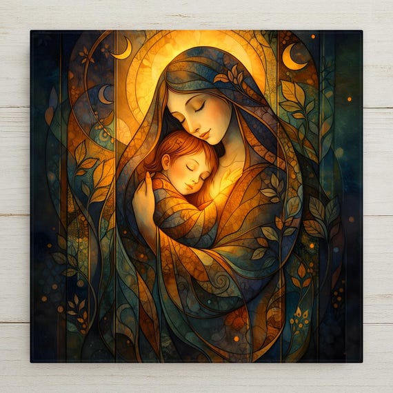 Mother and Child Spiritual Wall Art Ceramic Tile – Stained Glass Style, Peaceful Home Decor