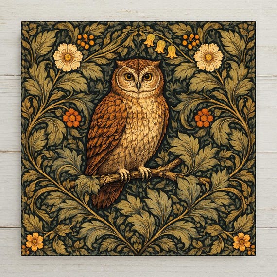 Owl Wall Art Ceramic Tile – William Morris Style Woodland Decor – Arts and Crafts Home Decor – Cottagecore Wall Art Gift