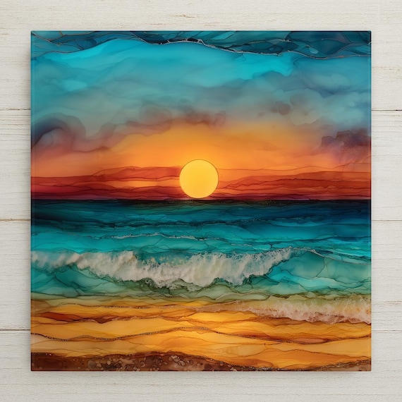 Ocean Sunset Stained Glass Art Tile - Coastal Beach House Nautical Wall Decor Accent