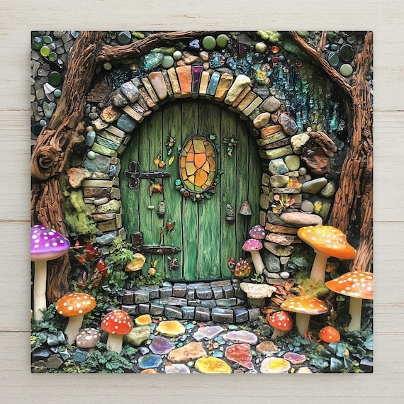 Enchanting Mosaic Fairy House Tile: Whimsical Cottagecore Wall Art, Fairycore Decor, Green Door Gift