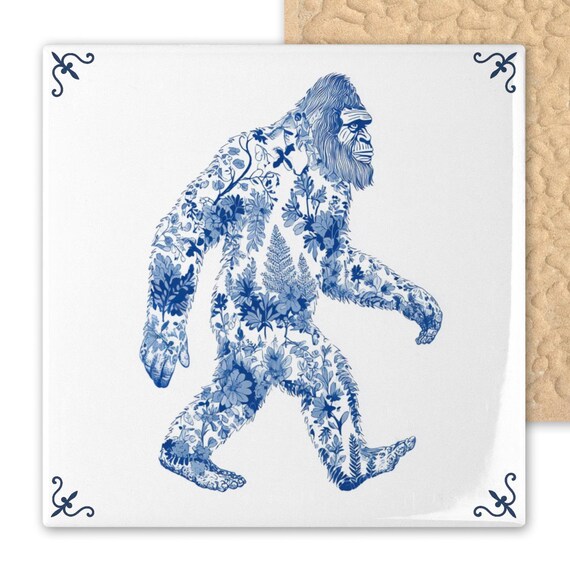 Blue Delft Sasquatch Ceramic Tile Art - Dutch Floral Bigfoot Wall Decor - Funny Cryptid Nature Gift for Cottagecore and Folklore Fans