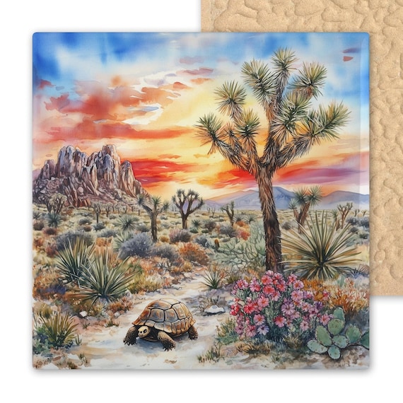Joshua Tree Ceramic Tile Art – Desert Sunset Wall Art with Tortoise and Cactus Flowers – Southwest Nature Home Decor Handmade Gift